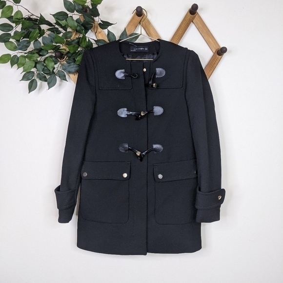 Zara Duffle Style Horn Toggle Black Pea Coat Jacket - Picture 1 of 10